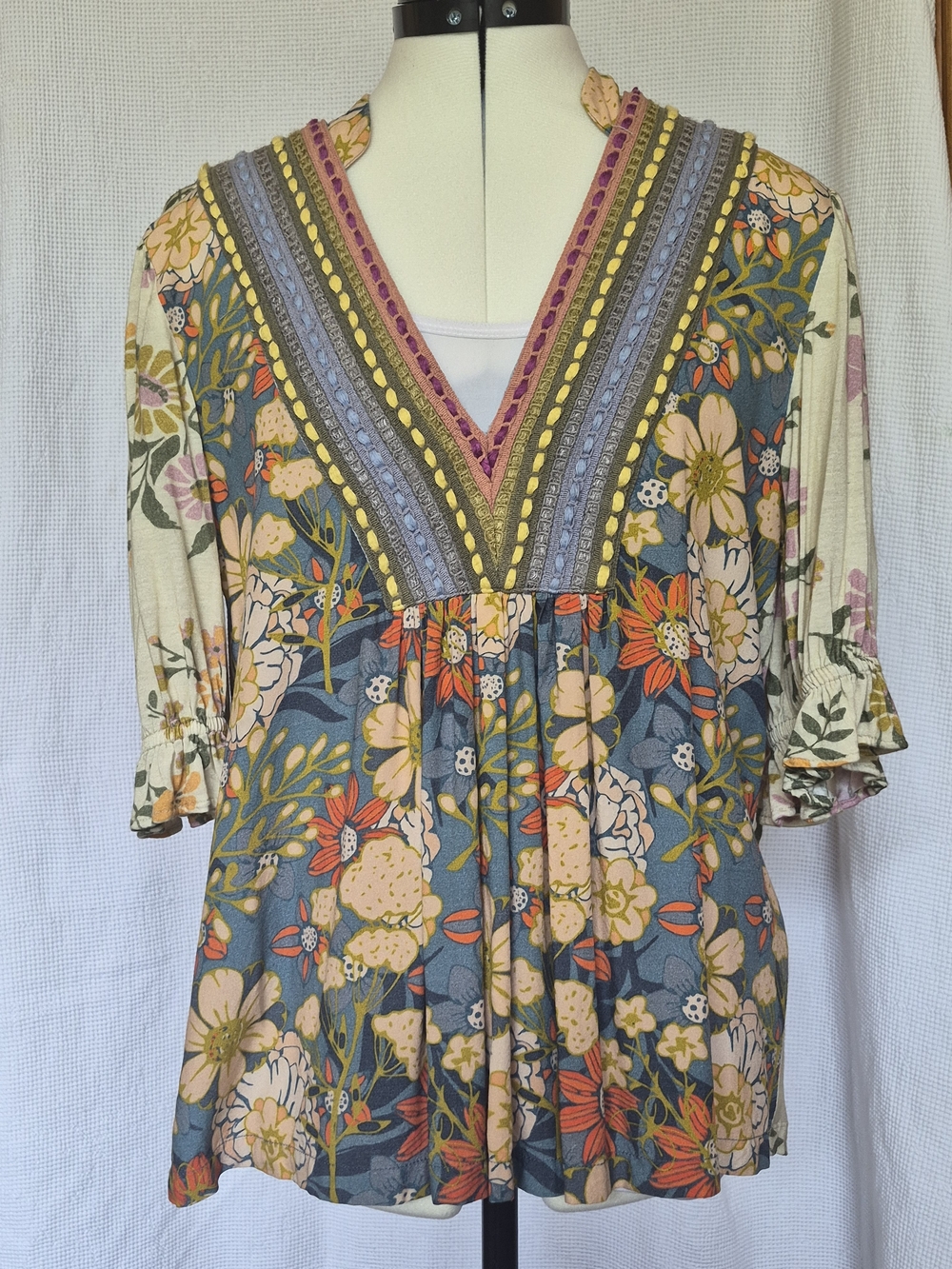 Boho Floral V-Neck  Top in Dusty Blue and Cream